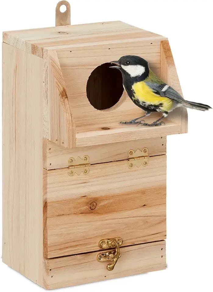 Relaxdays Nistkasten für Kohlmeise & Gartenrotschwanz, mit Reinigungsklappe, Holz, Vogelnistkasten zum Aufhängen, Natur, 1 Stück