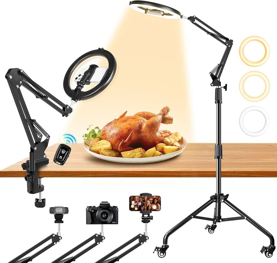 Ring Light Overhead Phone Mount with Casters, Dual-Purpose Floor/Desk Light Tripod for iPhone, Selfie Phone Tripod for Video Recording/Live Streaming/Cooking