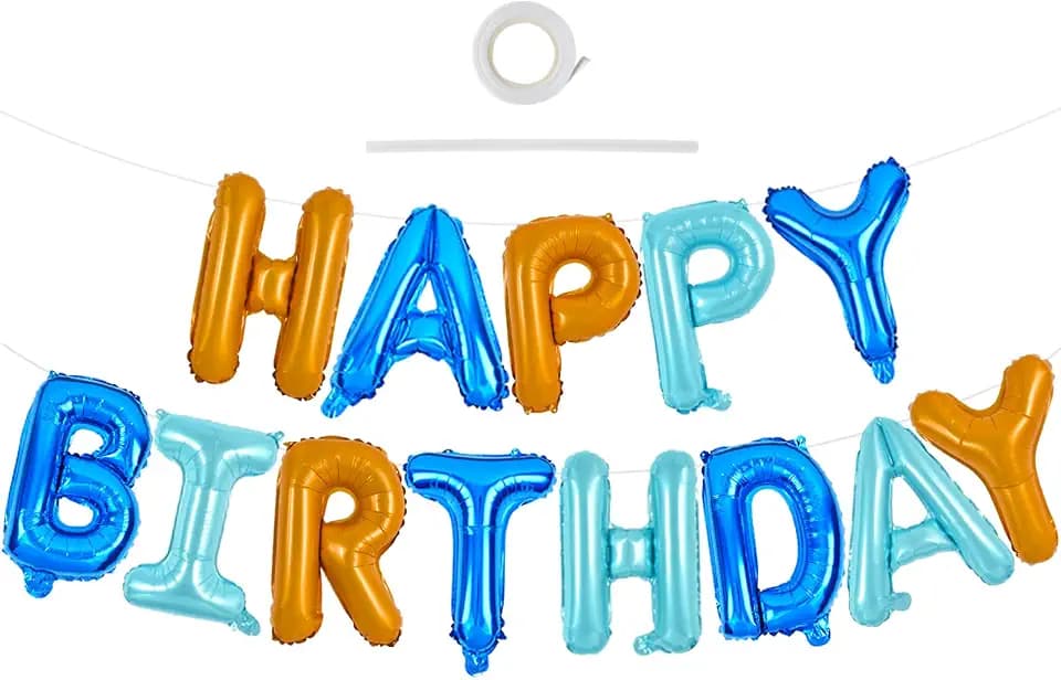 TONIFUL Happy Birthday Balloons Banner with Ribbon Straw, 16 Inch Mylar Letters Birthday Sign Banner Balloon Bunting Reusable for Girls Boys Kids & Adults Birthday Halloween Supplies（Blue Orange）
