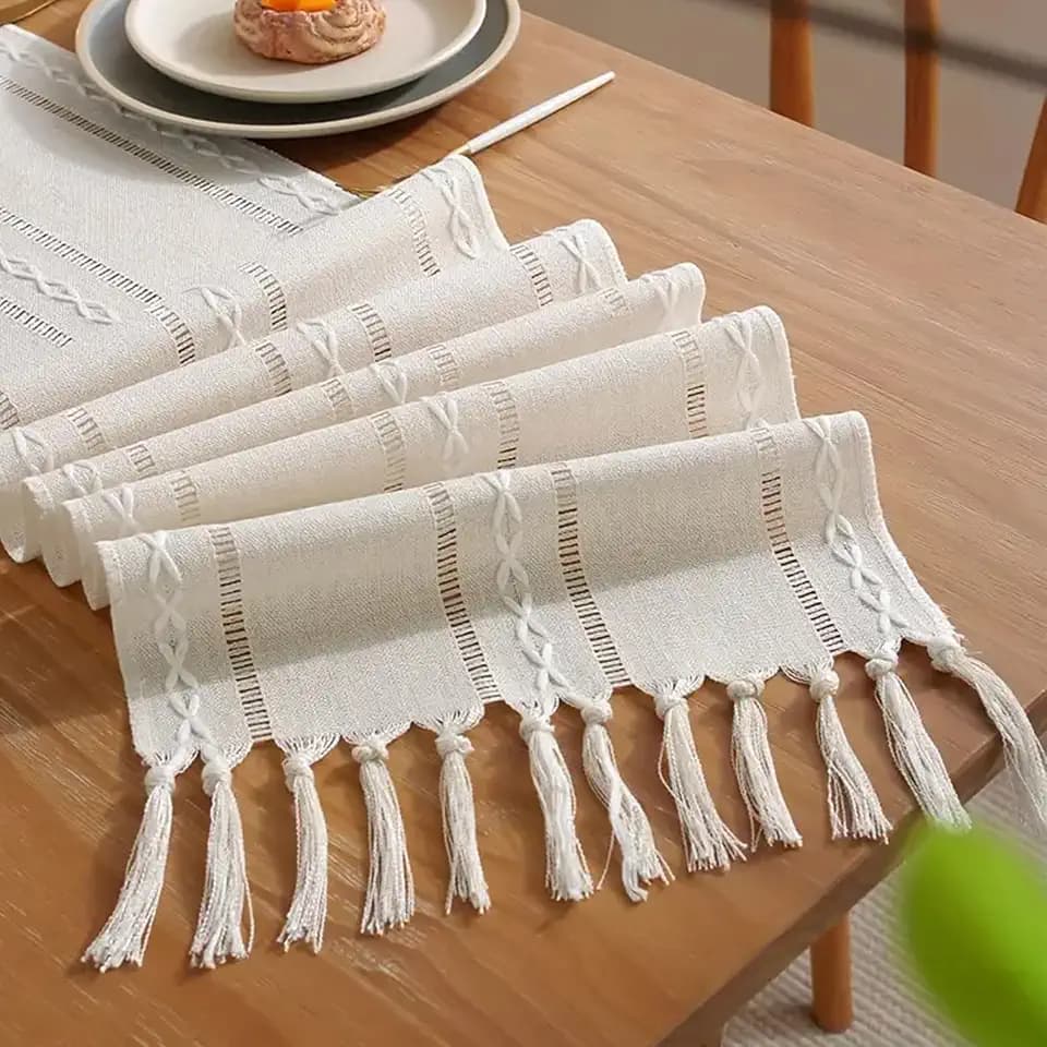 Niviy Ivory White Rustic Linen Table Runner 72 Inches Long with Tassels, Embroidered Table Runner Farmhouse for Party, Dresser Decor and Dining Room Decorations (White, 12"×72")