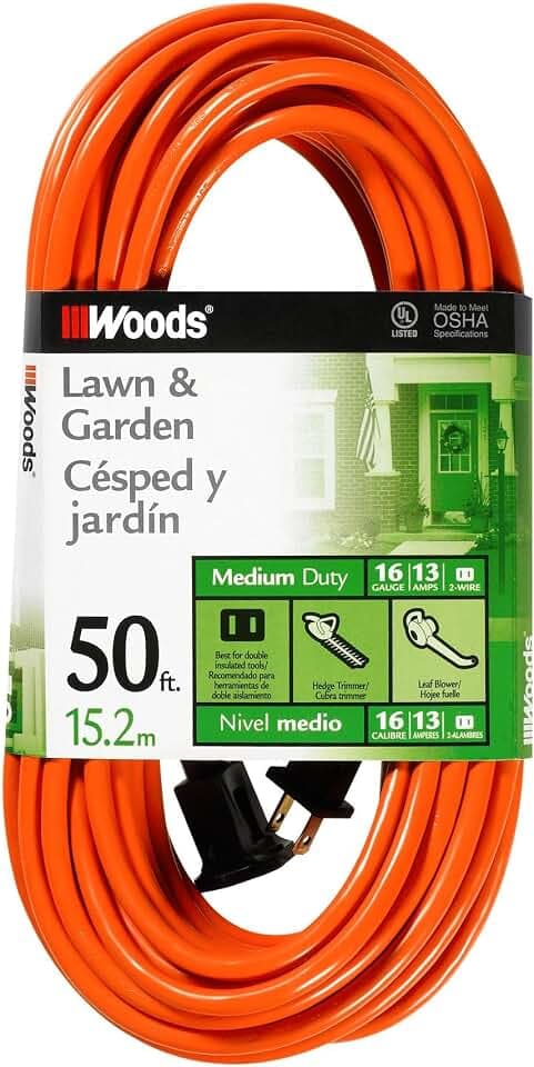 Southwire Woods 50ft Outdoor Extension Cord – Bright Orange, 16/2 Two-Prong – Durable SJTW Jacket for Landscaping & Light-Duty Power – Molded Plug