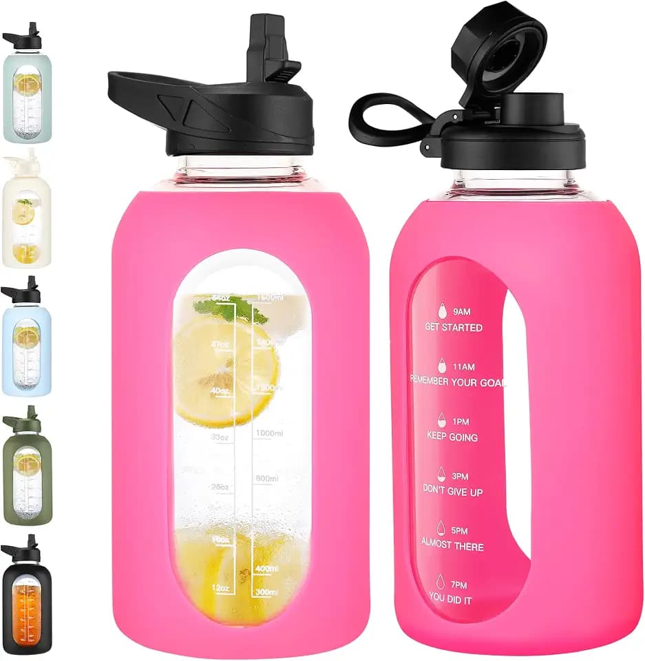 CIVAGO 64 oz Glass Water Bottle with Straw, Half Gallon Large Water Jug