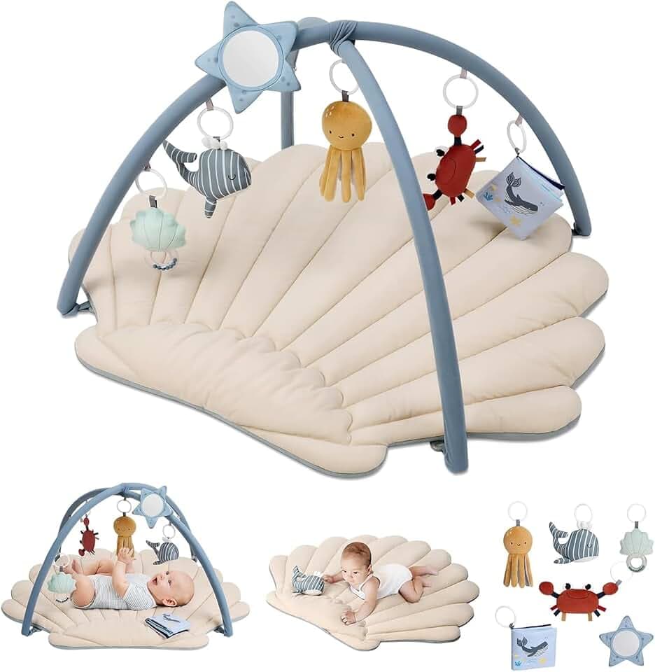 Blissful Diary Spielbogen Baby, Spieldecke Baby Gym Activity Decke mit 6 Abnehmbare Spielzeuge, krabbeldecke Einfach zu Installieren und zu Reinigen, Unverzichtbare Babygeschenke, Boho-Ozean-Thema