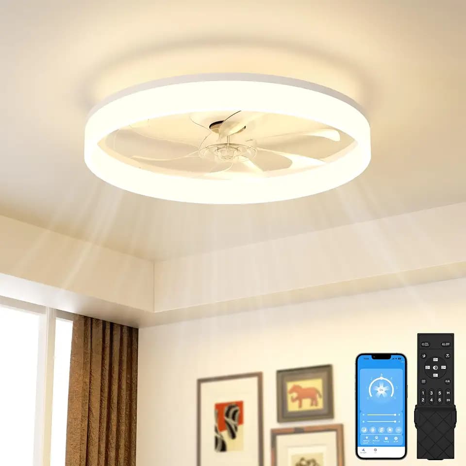 VOLISUN Low Profile Ceiling Fans with Lights and Remote, Ceiling Fan with Light Flush Mount, No Assembly, 3000K-6500K Dimmable, White Fandelier Ceilings Fans with Lights for Bedroom