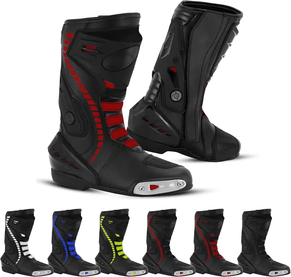 Men's Motorcycle Shoes Leather Motorbike Boots with Ankle Support Non-Slip Sole Reinforced Foot Protective Motocross Boots Rubber Sole (BT-1001 Red US11)