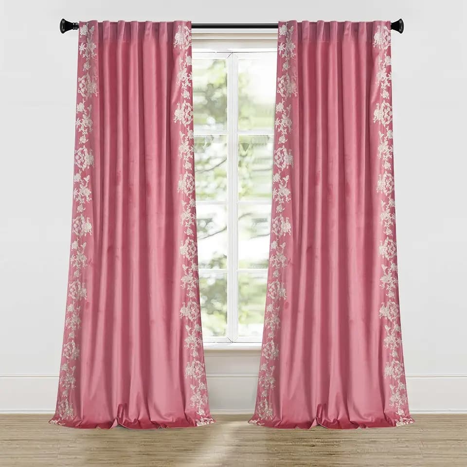 Roslynwood Luxury Velvet Curtains Back Tab 90 Inches, White Flower Embroidered Candy Pink Curtains Farmhouse Country Panels,Window Drapes for Living Bedroom, 52W x 90L Inch, 2 Panels