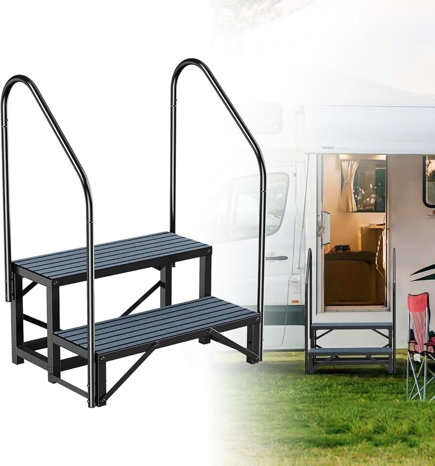 Rv Steps with Handrail 2 Step, Hot Tub Steps with Anti-Slip Mats