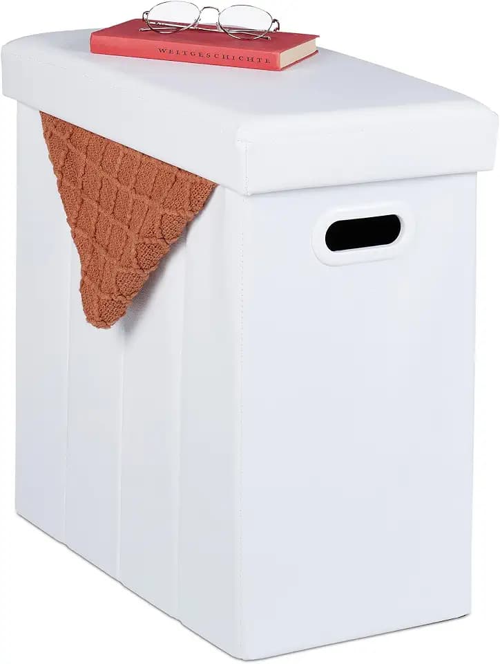 Relaxdays Sitzhocker mit Stauraum, Kunstleder, gepolstert, Faltbarer Hocker, Wohnzimmer, HxBxT: 49 x 48,5 x 27 cm, weiß