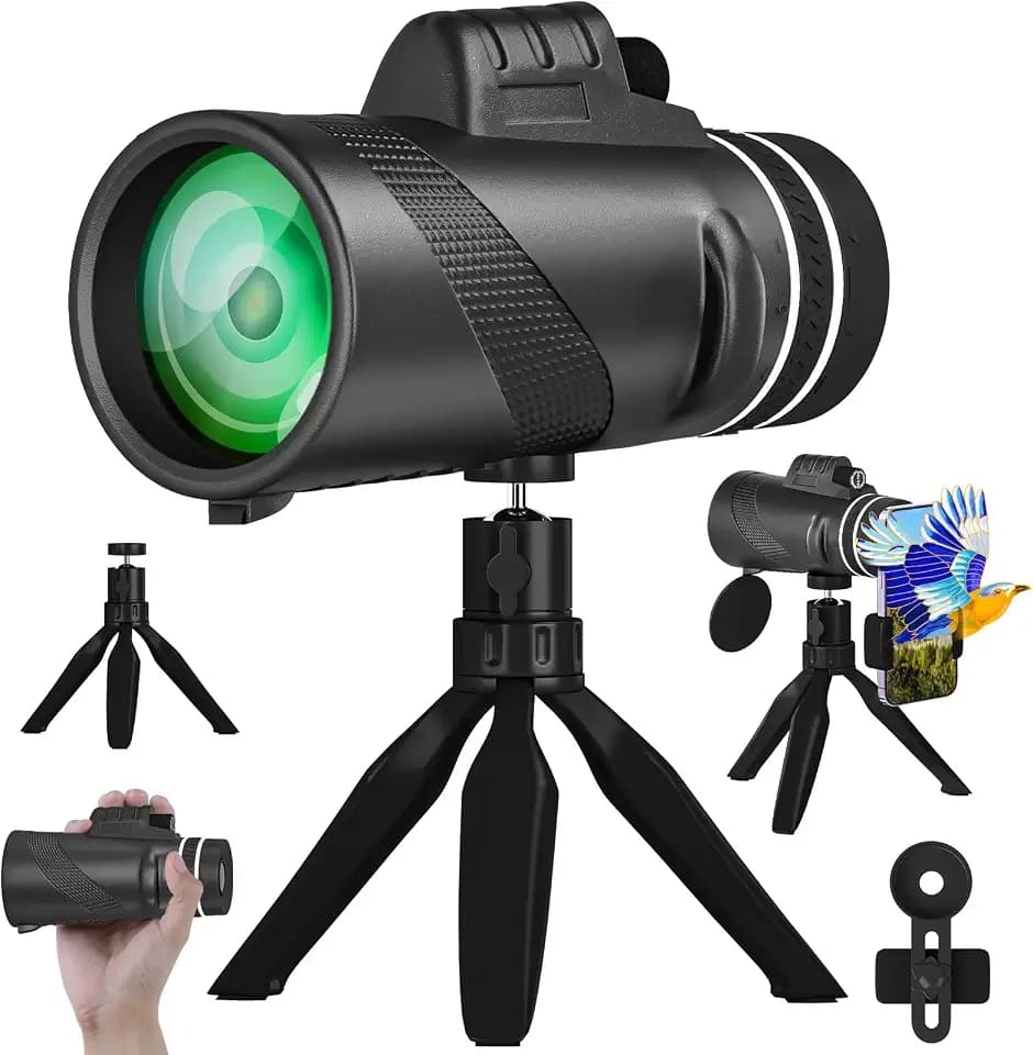80x100 Monocular Telescope for Adults High Powered Lightweight Monoculars with Smartphone Adapter Tripod Compact Waterproof Monocular for Hunting Stargazing Bird Watching Hiking Travel, Black
