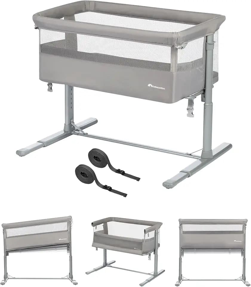 Bebeconfort Zina Co-Sleeper & Beistellbett Baby Von der Geburt bis zu 6 Monaten (0-9kg), Klappbares Beistellbett, 5 verstellbare Höhen, Verstellbare Matratze, Mineral Grey
