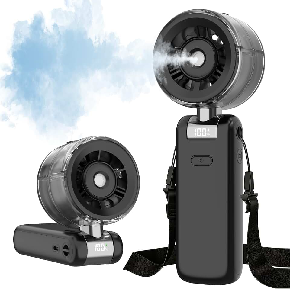 Handheld Misting Fan, Portable Handheld Turbo Fan 5 Speeds with LED Display, USB-C Rechargeable Mini Fan for Travel, Cruise, Outdoor Camp, Summer Essentials Gifts (Black)