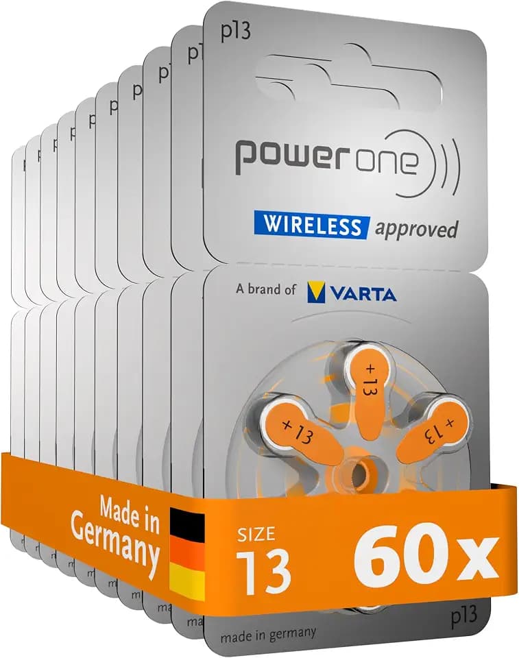 Power one Hörgerätebatterien Typ 13 orange, Batterien 60 Stück Vorratspack, wireless approved, Größe p13 für Hörgeräte und Hörhilfen, high hearing level, quecksilberfrei, Made in Germany