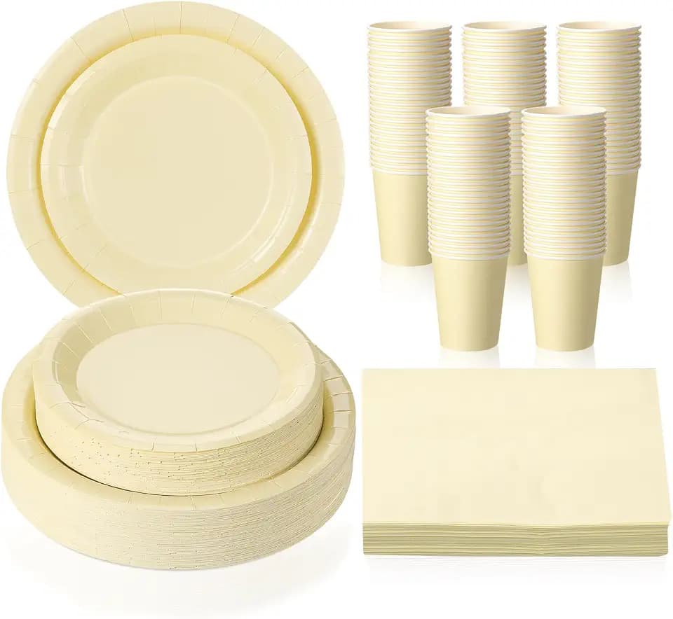 Tioncy 200 Pcs Yellow Disposable Paper Plates Cups Napkins