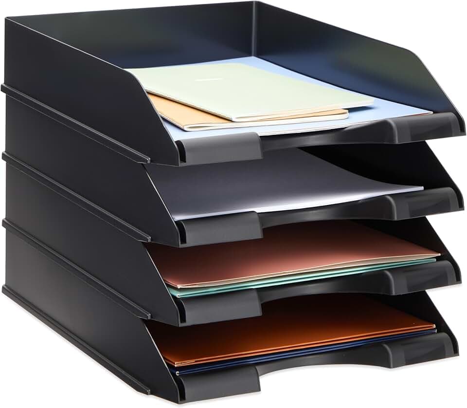Stockroom Plus Letter Tray - Stackable Desk Organizer Trays - Desktop File Organizer - Mail & Document Storage - Pack of 4, Black, 10 x 13.5 x 2.5 in