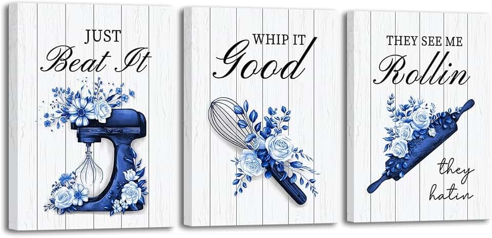 RnnJoile Navy Blue Kitchen Decor Funny Kitchen Picture Wall Art Bakery Room Wall Decor Canvas Framed Chef Cooking Gift 12x16inchx3pcs (Blue)