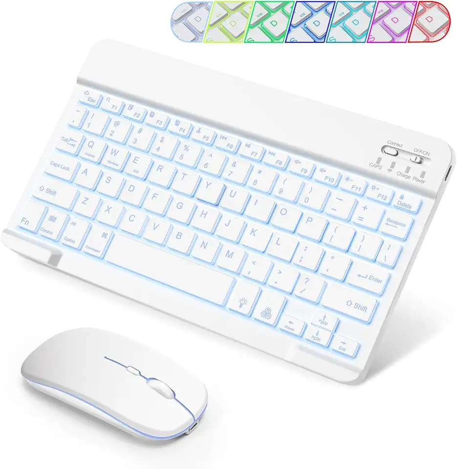 SOPPY Portable Bluetooth Keyboard and Mouse with Backlight, Rechargeable Mini Keyboard for Travel, Wireless, for iPad/Samsung Tab/Lenovo Tab/iOS/Android/Windows, US Layout (White)