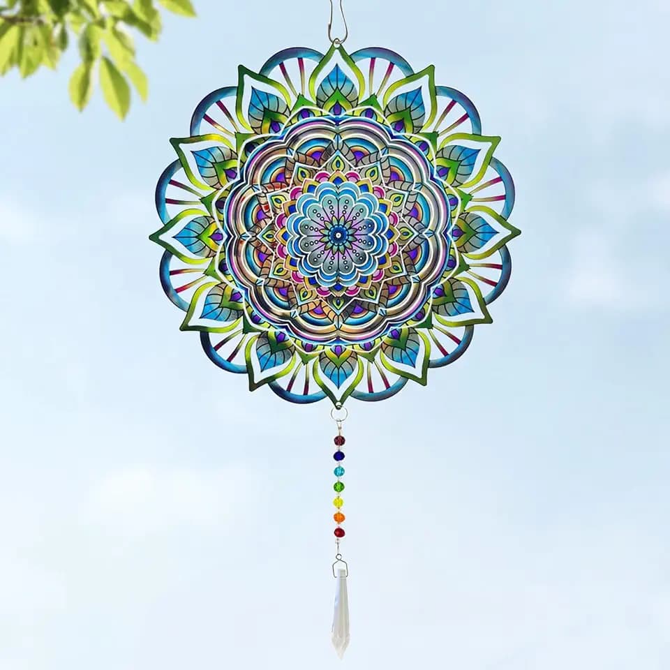 Mandala Wind Spinners Outdoor with Gazing Ball Spiral Tail, Marzovitra Stainless Steel 3D Kinetic 10 Inch Garden Decor for Patio, Home or Yard Decorations Outdoor Hanging Yard Art Metal Wind Sculpture
