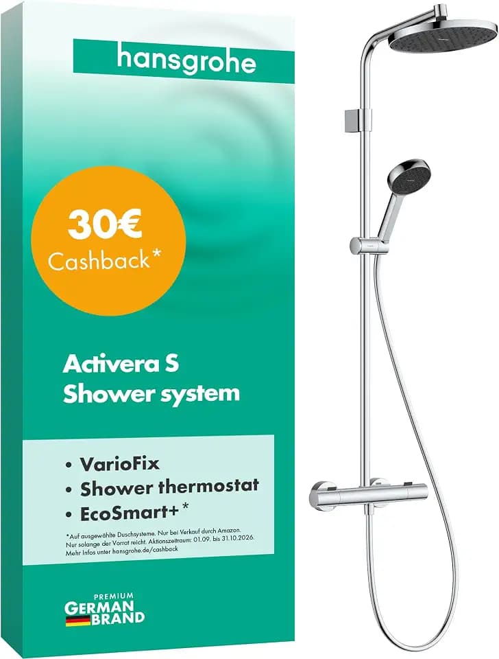 hansgrohe Activera S - wassersparendes Duschsystem (EcoSmart+) mit Thermostat, Regendusche (240 mm) mit Armatur, Handbrause (2 Strahlarten), Schlauch, Brausestange und Kopfbrause, Chrom, 28083000
