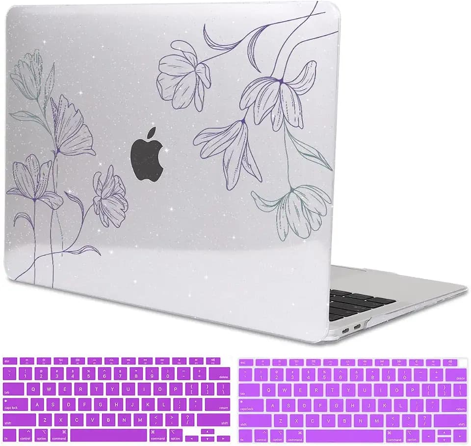for MacBook Air 13 inch Case 2021 2020 2019 2018 Model M1 A2337 A2179 A1932 with Retina Display & Touch ID, Shiny Pattern Plastic Hard Shell Case Keyboard Skin Cover, Purple Line Flower