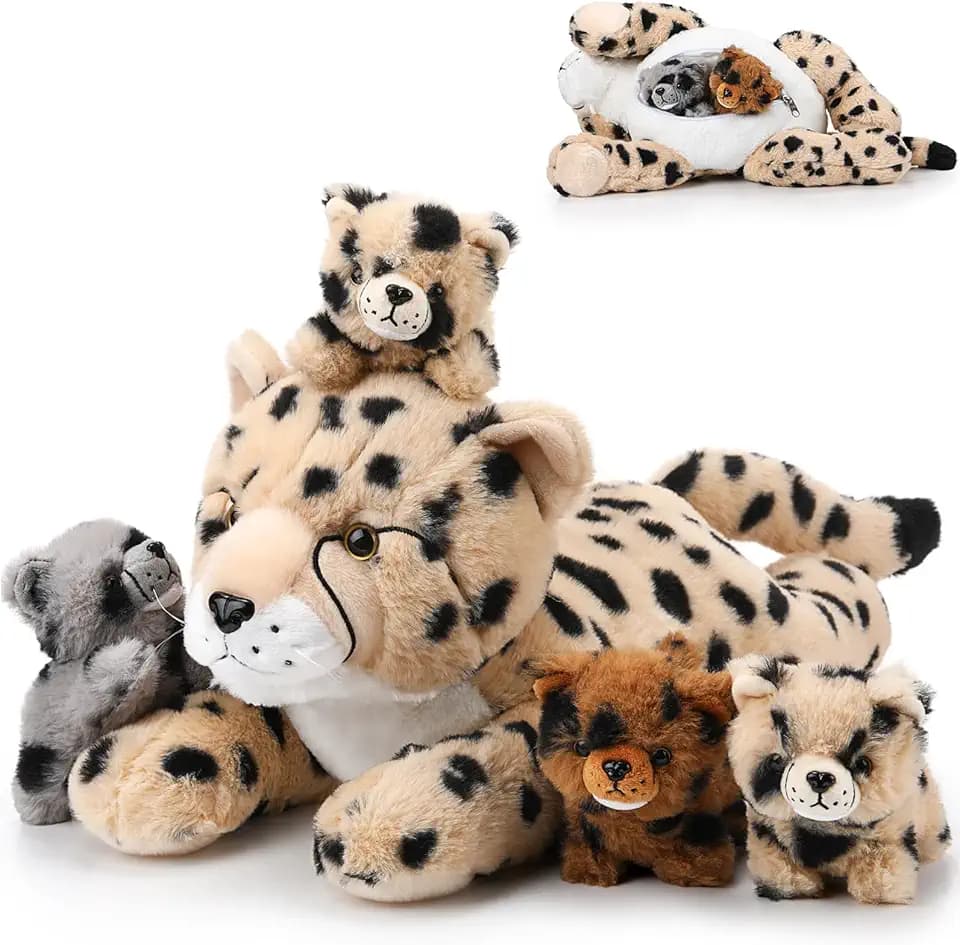Silipull 5 Pcs Stuffed Cheetah with Babies Mommy & 4 Cubs Set,Lying Style