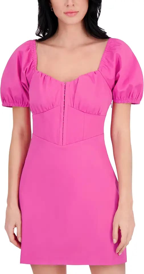 Siena Women's Short Puff Sleeve Square Neck Stretch Woven Corset Mini Dress