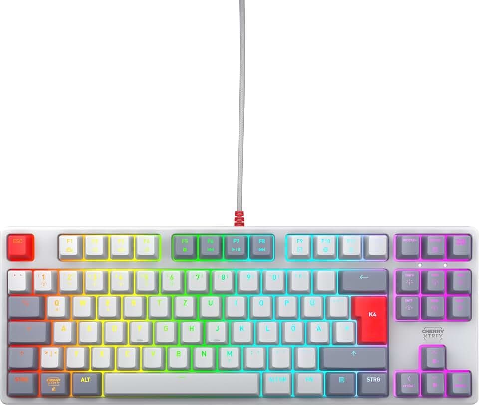 CHERRY XTRFY K4V2 TKL, Kabelgebundene Gaming-Tastatur ohne Nummernblock, Deutsches Layout (QWERTZ), RGB-Beleuchtung, Mechanische MX2A RED Switches, Retro