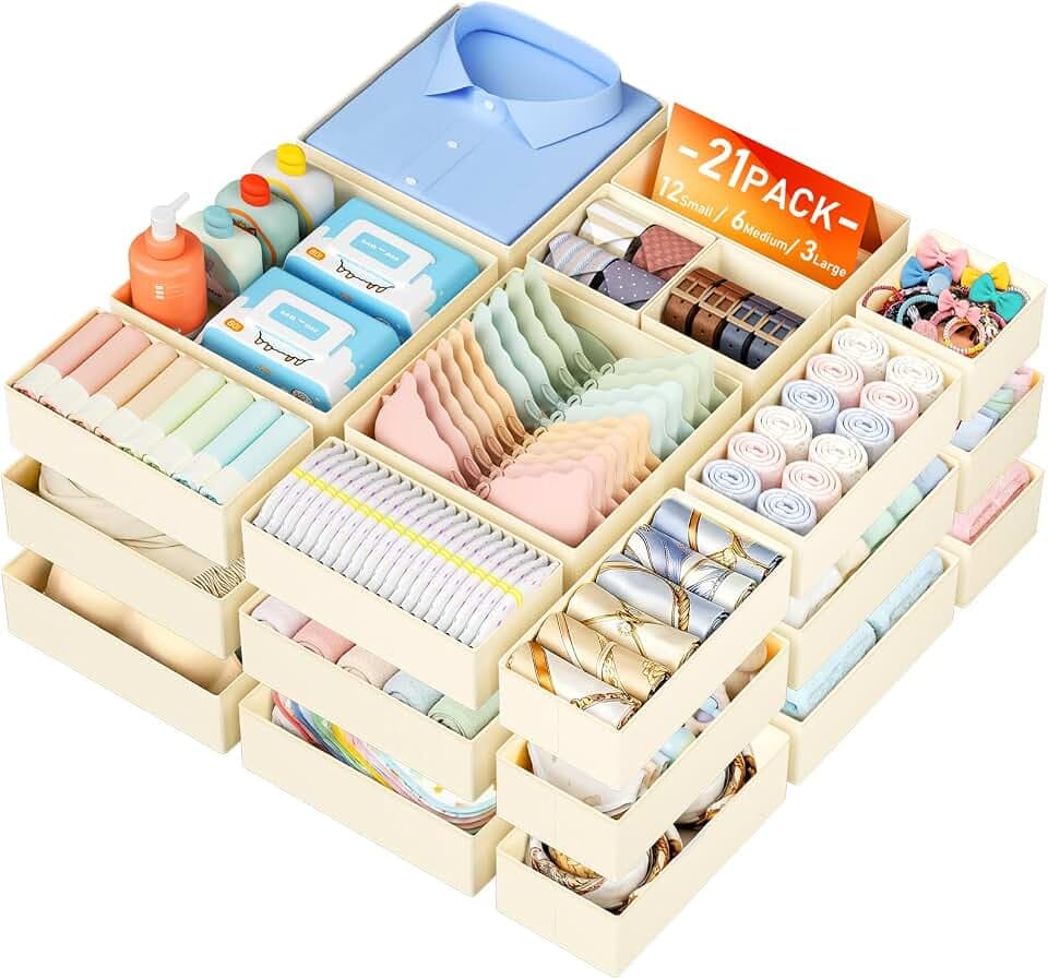 DIMJ Schubladen Ordnungssystem Schubladen Organizer - 21er Set Faltbare Aufbewahrungsbox Stoff, Unterwäsche Organizer Kleiderschrank für Babykleidung, Socken, Beige
