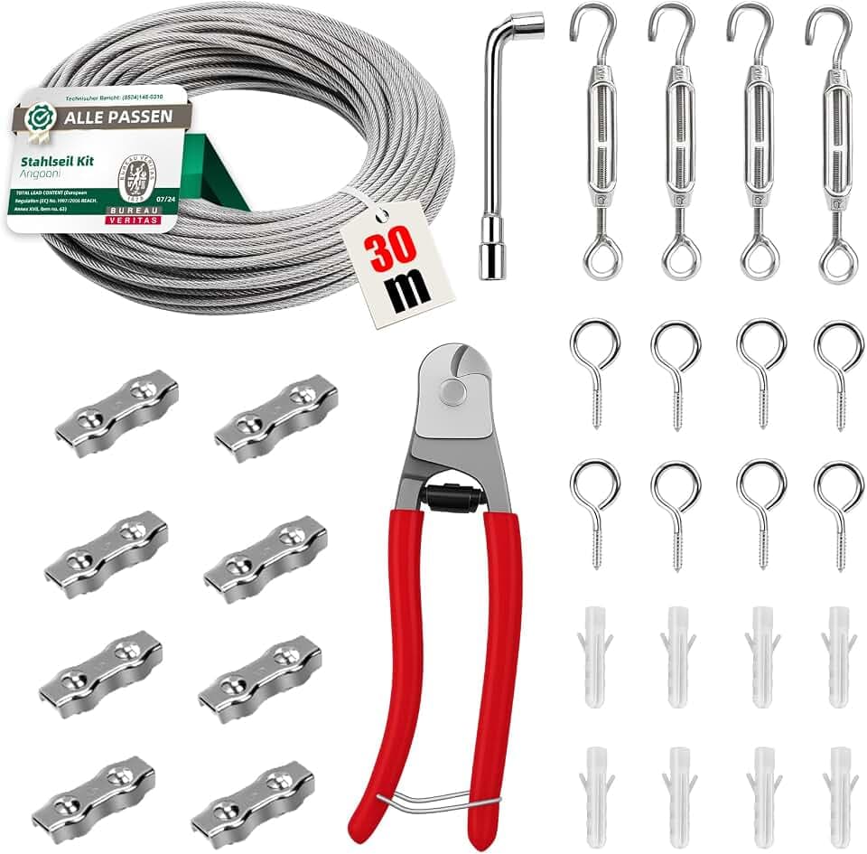 Angooni Stahlseil Set 30m 4mm 304 Edelstahl Drahtseil