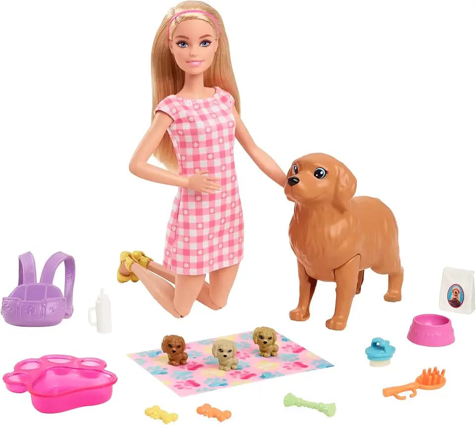Barbie Puppen- und Haustier-Set mit Hundemama und Welpen | Blondes Haar, Hundemama, 3 Welpen mit Farbwechsel-Funktion und Zubehör, HCK75
