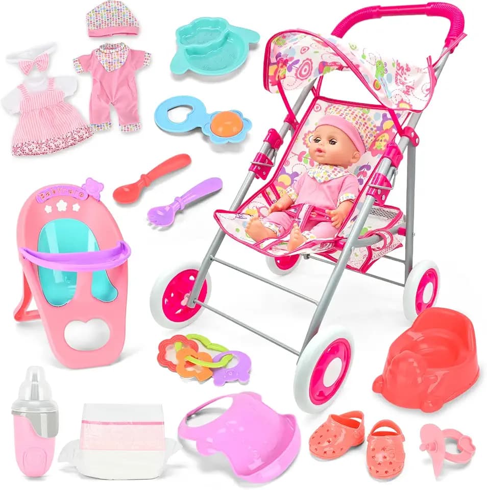 ALLROAD Baby Doll with Stroller Set with 12.5 '' and Accessories for Girls Toddlers 3-5 4-6 Gifts, Baby Doll Set with 12.5 inch Doll Baby Dining Chair Doll Stroller Toys for Girls for Pretend Play