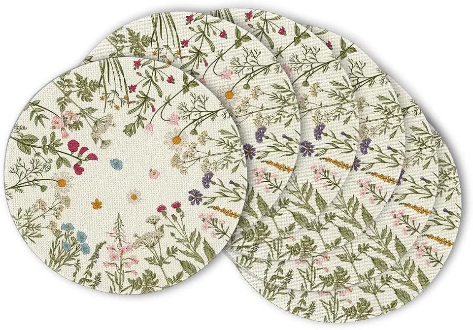Artoid Mode Antique Herbs Wild Flowers Spring Round Placemats Set of 6, 14 Inch Summer Round Table Mats for Dining Decoration