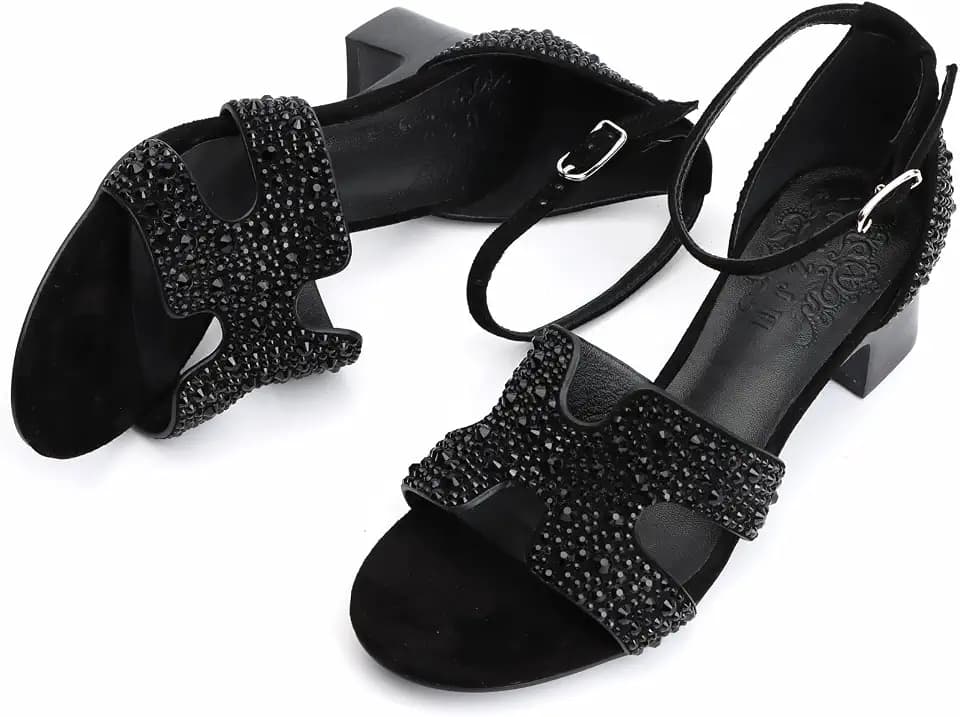 XOBZJH Evening Dress Shoes Rhinestone Black Block Heeled Sandals for Women 2025,Designer Luxury Crystals Slides H Sandals for Wedding Party Footwear