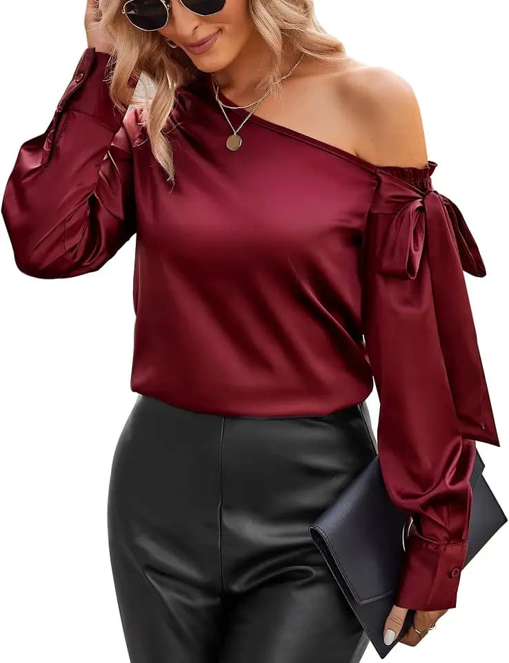 VIDUSSA Damen Bluse Elegant Sommer Schulterfrei Kurzarm Lässige Tops Seidig Satin Shirts