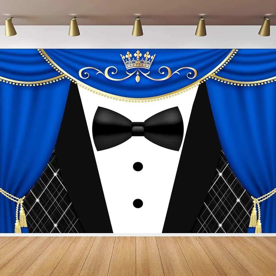 Tuxedo Backdrop 7x5FT Blue Curtain Crown Gentleman Birthday Party Background for Photography, Father or Boss Birthday Party Decorations Banner