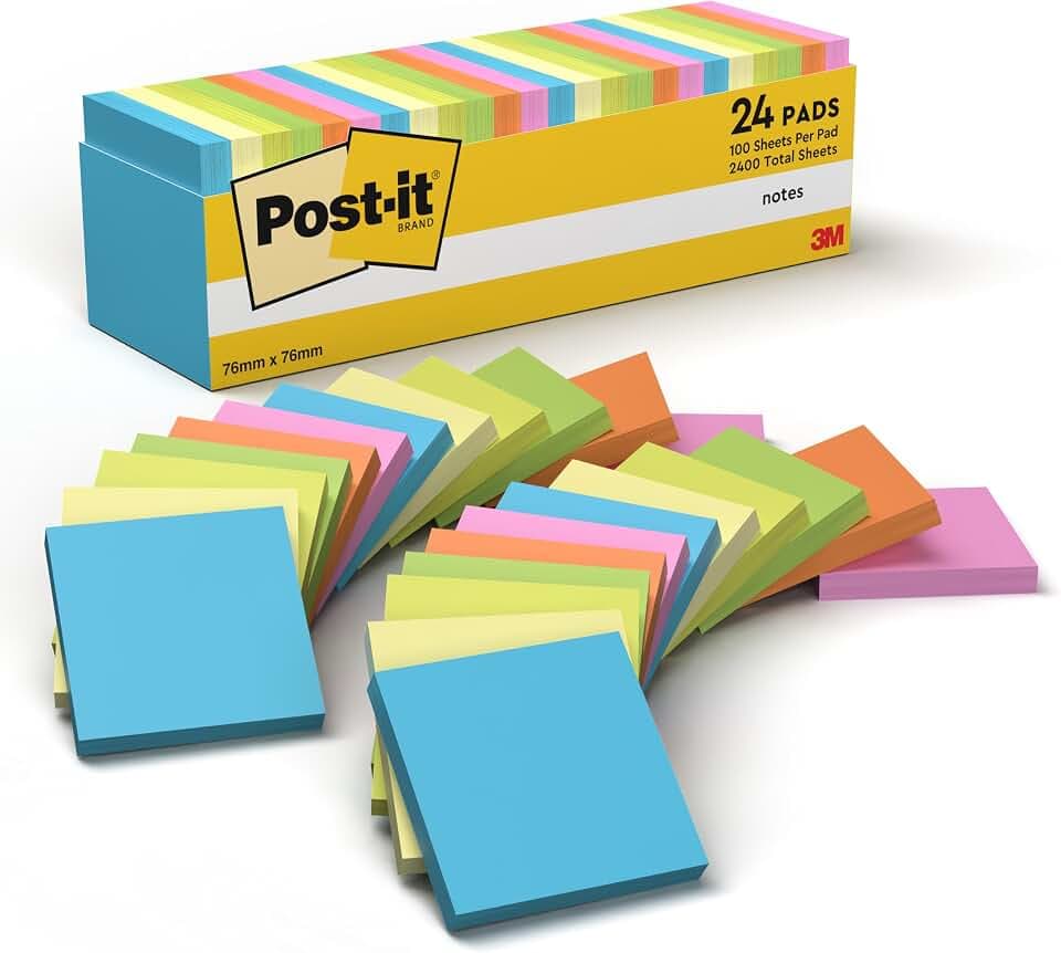 Post-it Notes, 24 Blöcke (2400 Blatt), 76 mm x 76 mm, Sortierte Farben