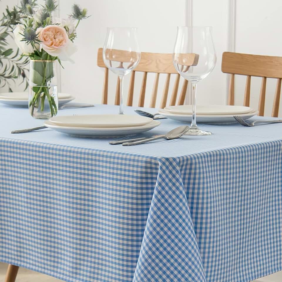 maxmill Checkered Square Tablecloth Waterproof Spillproof Wrinkle Resistant Heavy Weight Soft Gingham Dining Room, Kitchen Table Cloth for Picnic Dinner and Party, 60 x 60 Inch Light Blue White