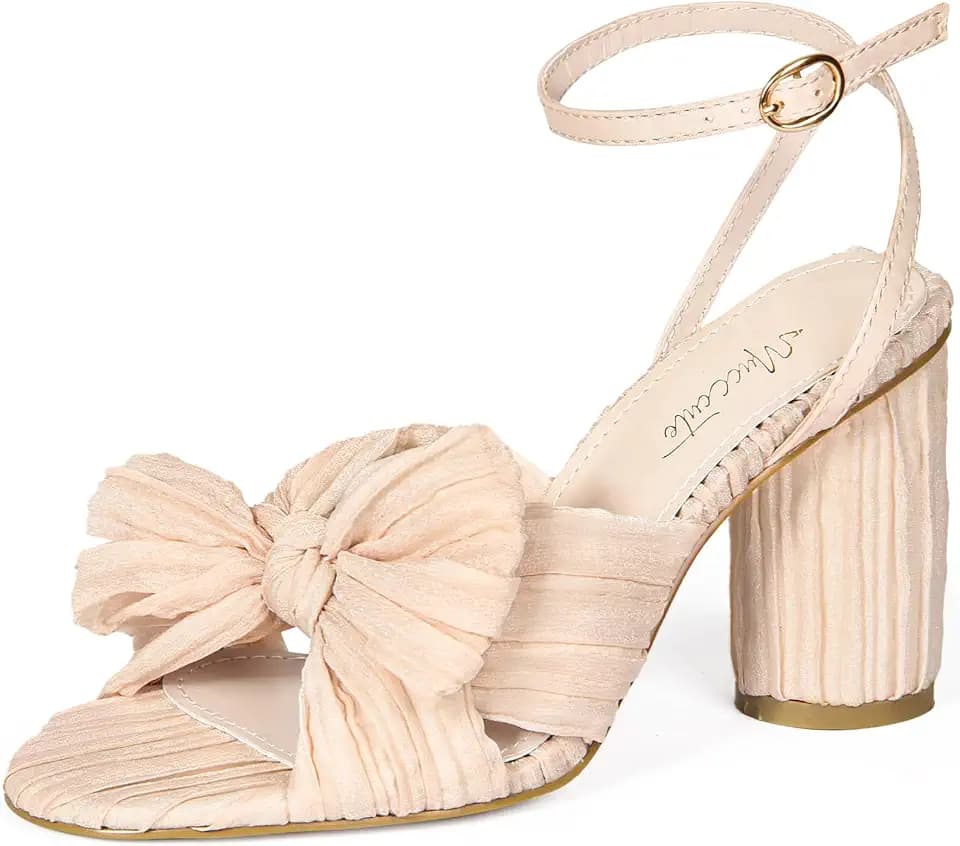 MUCCCUTE Women's Bow Knot Heeled Sandals Ankle Buckle Strap Chunky Heels