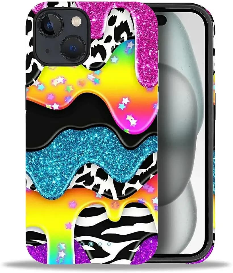 2 in 1 Cute Hülle für iPhone 14 6.1 Zoll, Stoßfest FallSchutz Handyhülle Neon-Glitzer Sturzschutz Case