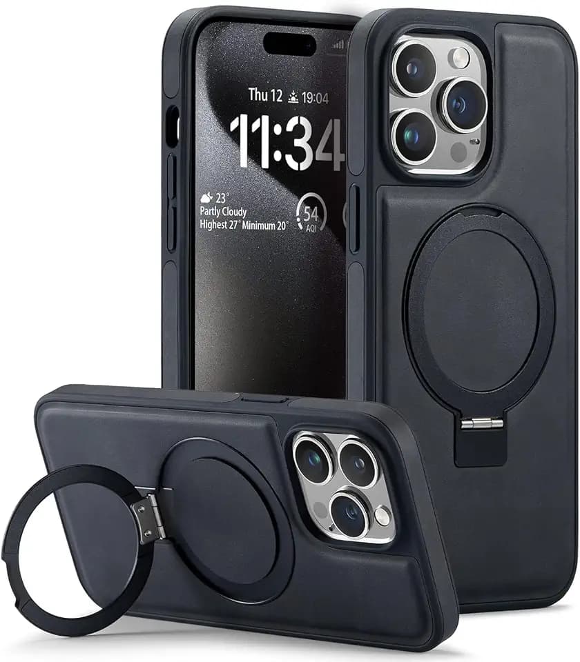 Leder Hülle für iPhone 15 Pro Max mit Verdecktem Kreisständer für Magnetische,Modische und Elegante Dünne Business Handyhülle (2023) 6.7" - Schwarz