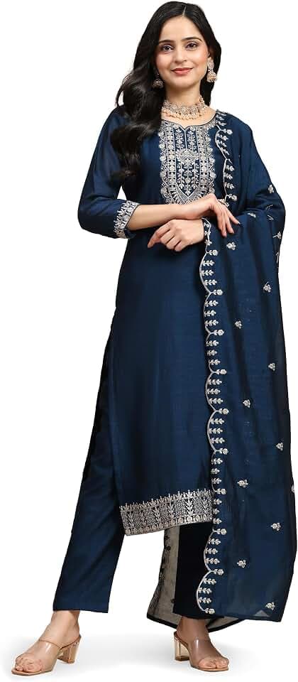 TRENDMALLS Damen Vichitra Seidenstickerei Salwar Anzug Set Kurta Hose mit Dupatta