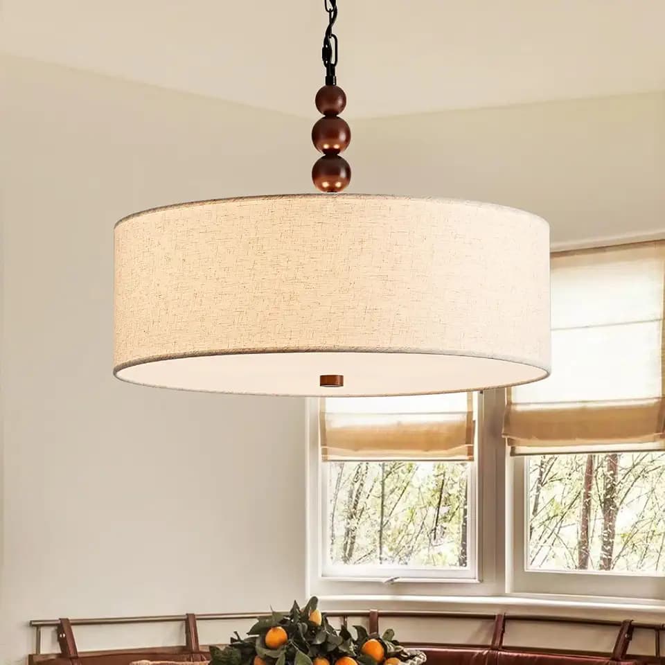 21" Hand Drum Chandelier, 3-Light Classic Fabric Beige Linen Shade Design Pendant Light, D21 x H8, Adjustable Chains 59", Pendant Light for Kitchen Island, Dining Room, Living Room, Black