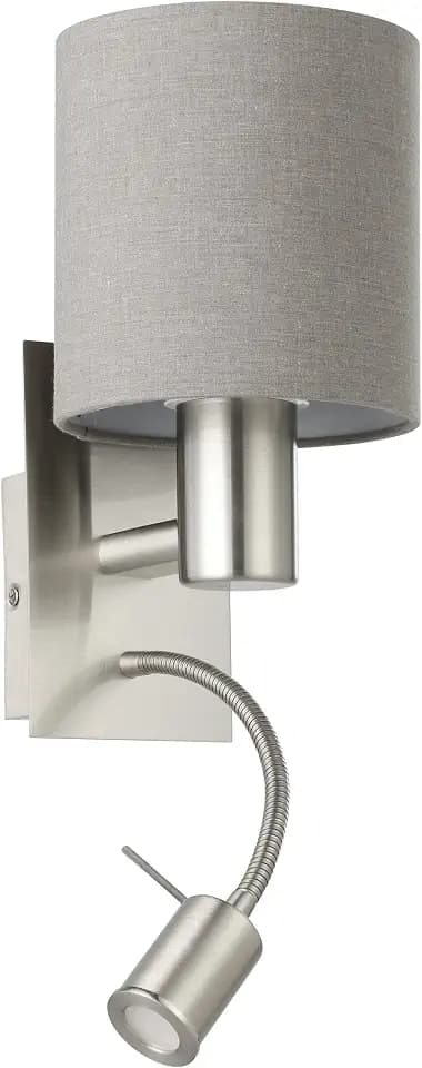 EGLO Wandlampe Pasteri, 2-flammige Textil Wandleuchte mit LED Leselicht | Leselampea aus Metall in Silber und Stoff in Grau, E27 Fassung