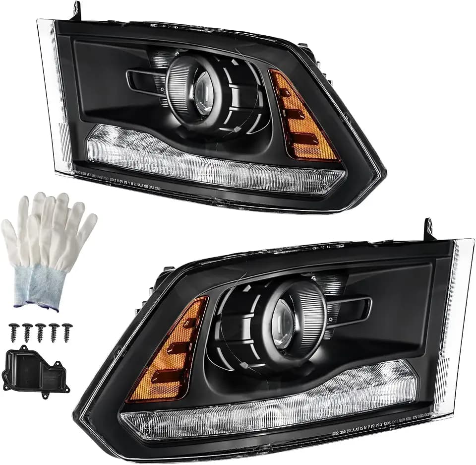 KAC Headlight Assembly for 2013-2018 Ram 1500 2500 3500 Projector Headlights Headlamp Assembly Replacement w/Amber Reflector Clear Lens Black Chrome Housing Replace CH2502245, CH2503245, 68093221AD