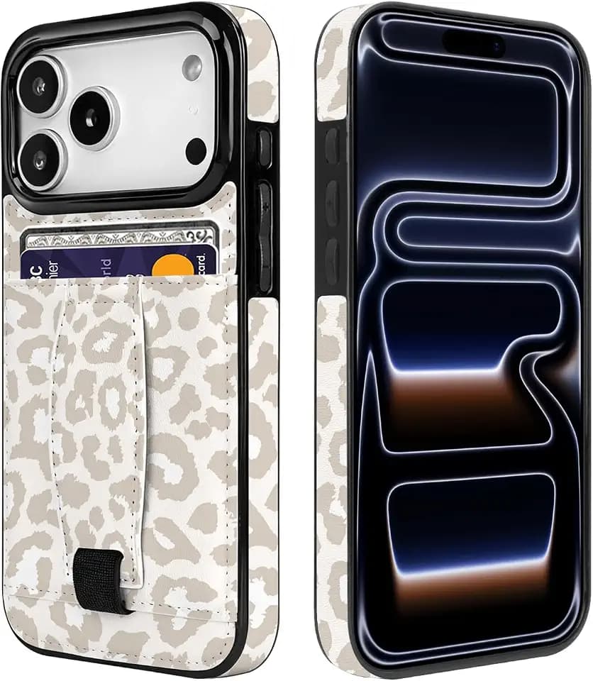 for iPhone 18 Pro Max/17 Pro Max Case Wallet with Finger Strap Loop Leopard