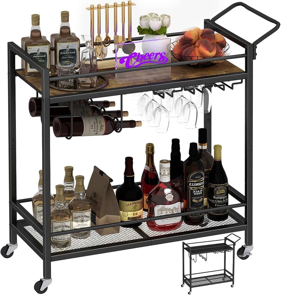 LAATOOREE Home Bar Serving Cart, Mobile Drink Beverage Cart with Two-Color Top Shelf, Rolling Kitchen Cart with Wine Holder and Glass Holder, for Dinning Room, Living Room, Kitchen