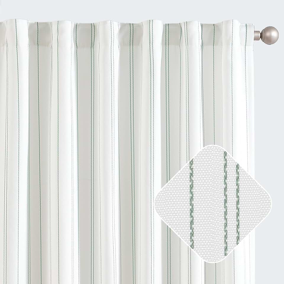 jinchan White Curtains 90 Inch Green Striped Drapes Back Tab 2 Panels Set