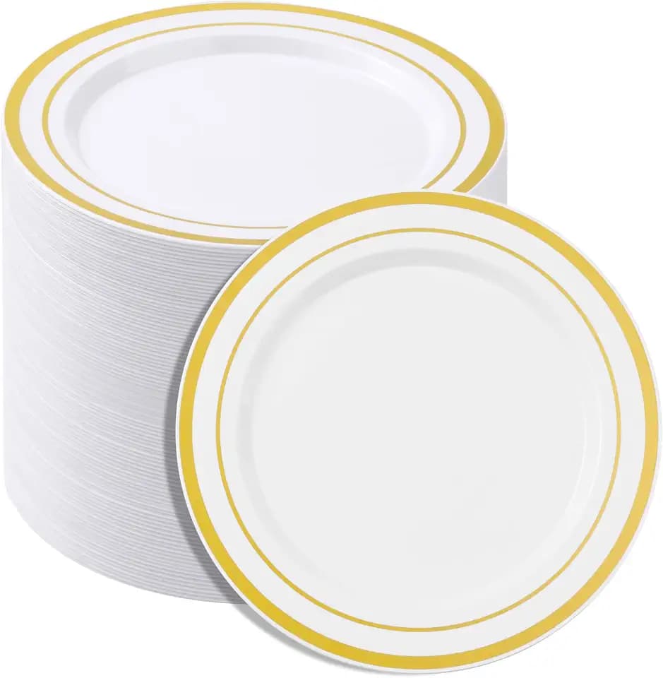 BESTSTAR 7 Inch White with Gold Rim Plastic Plates