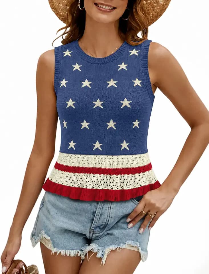 VIMPUNEC Womens Crochet Crop Tank Tops Sleeveless Knit Sweater Vest Ruffle Hem Summer Top