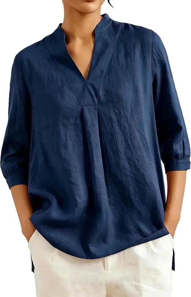 Women's 100% Linen Split Neck Blouse - 3/4 Puff Sleeve Loose Fit Summer Linen Top