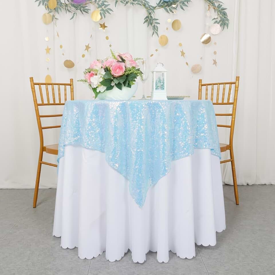 ShinyBeauty Iridescent Aqua Sequin Tablecloth Square Overlay Aqua Blue Tablecloth Cover Glitter Table Cloth Small Tablecloth for Birthday Baby Shower Decor (36”X36”)